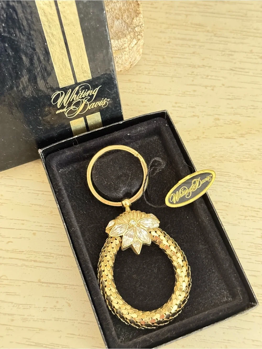 Vintage Whiting & Davis Gold Mesh Rhinestone  Key Ring / Keychain NWT